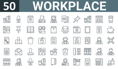 set of 50 outline web workplace icons such as tea cup, desk chair, invoice, tea cup, businesswoman, curriculum, push pin vector thin icons for report, presentation, diagram, web design, mobile app.