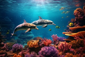 Dolphins swimming in the sea. Underwater world. 3d rendering. Generative AI.