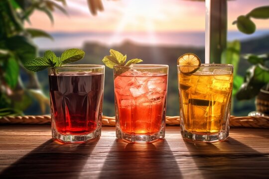 Three glasses of cocktails with ice and mint on a wooden table in the sunset. Generative AI.