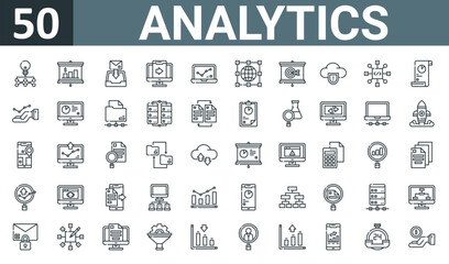 Fototapeta na wymiar set of 50 outline web analytics icons such as bulb, analytics, download, share, analytics, globe, target vector thin icons for report, presentation, diagram, web design, mobile app.
