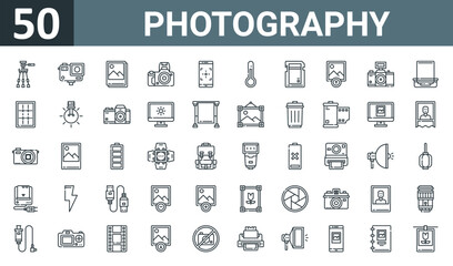 set of 50 outline web photography icons such as tr, action camera, photo, camera, smartphone, thermometer, vector thin icons for report, presentation, diagram, web design, mobile app.