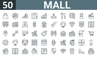 set of 50 outline web mall icons such as shopping bag, no smoking, sneaker, elevator, food, hanger, cutlery vector thin icons for report, presentation, diagram, web design, mobile app.