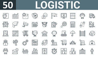 Fototapeta na wymiar set of 50 outline web logistic icons such as parcel, statistics, on time, hours, faq, flag, tracking vector thin icons for report, presentation, diagram, web design, mobile app.