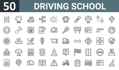 set of 50 outline web driving school icons such as gearbox, driving, new car, directions, car light, bus, safety belt vector thin icons for report, presentation, diagram, web design, mobile app.