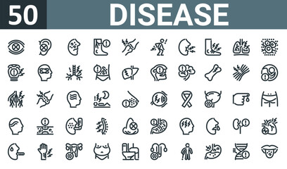 set of 50 outline web disease icons such as sight, deaf, acne, varicose veins, arthraia, diarrhea, cough vector thin icons for report, presentation, diagram, web design, mobile app.