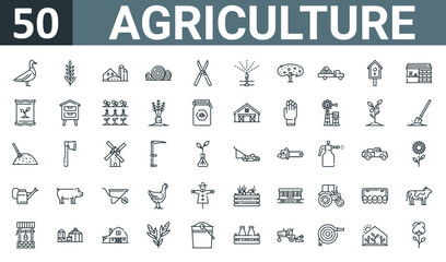 set of 50 outline web agriculture icons such as duck, wheat, farm, hay bale, shears, sprinkler, tree vector thin icons for report, presentation, diagram, web design, mobile app.