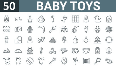 set of 50 outline web baby toys icons such as teddy bear, surprise box, hand puppet, cup, pin, kite, vector thin icons for report, presentation, diagram, web design, mobile app.