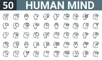 set of 50 outline web human mind icons such as autism, inspiration, calm, dreaming, imagination, calm, peace of mind vector thin icons for report, presentation, diagram, web design, mobile app.