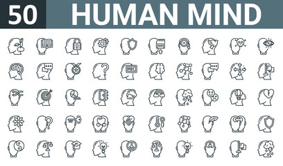 set of 50 outline web human mind icons such as growth, study, secure, thinking, shield, memory, observation vector thin icons for report, presentation, diagram, web design, mobile app.