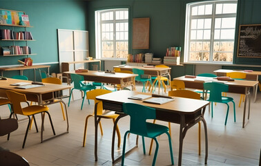 teacher desk in classroom with chairs of various shapes