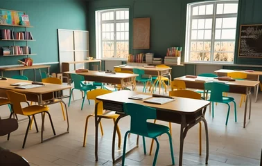 Foto op Canvas teacher desk in classroom with chairs of various shapes © NURA ALAM