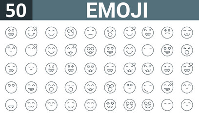 set of 50 outline web emoji icons such as happy, in love, happy, nerd, dissapointment, dead, in love vector thin icons for report, presentation, diagram, web design, mobile app.