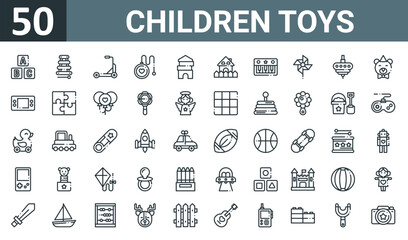 Fototapeta na wymiar set of 50 outline web children toys icons such as cubes, xylophone, scooter, yoyo, house, house, piano vector thin icons for report, presentation, diagram, web design, mobile app.