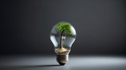 Tree that grow in energy saving lamp. Concept of green energy. Generative Ai technology.