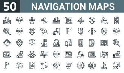 Fototapeta na wymiar set of 50 outline web navigation maps icons such as mobilephone, located, directions, directions, road, map, directions vector thin icons for report, presentation, diagram, web design, mobile app.