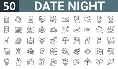 Fototapeta na wymiar set of 50 outline web date night icons such as girl, musical note, card, in love, flowers, letter, comb vector thin icons for report, presentation, diagram, web design, mobile app.