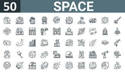 set of 50 outline web space icons such as day and night, planet, glove, astronaut, eclipse, galaxy, flag vector thin icons for report, presentation, diagram, web design, mobile app.
