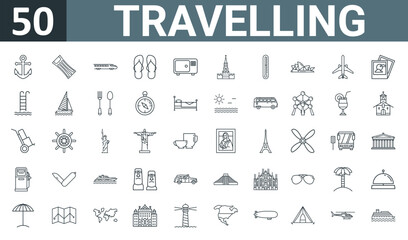 set of 50 outline web travelling icons such as big anchor, mattress, high speed train, two step ins, safe box with keys, kremlin, wall thermometer vector thin icons for report, presentation,