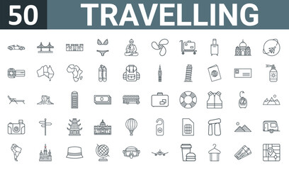 set of 50 outline web travelling icons such as cabriolet facing right, golden gate bridge, medieval castle, stripe bikini, sitting buddha, boat screw, trolley with suitcase vector thin icons for