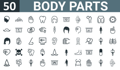 set of 50 outline web body parts icons such as brain inside human head, skin layers with hair follicles, hand showing palm, tooth, blond female short hair shape, lifeline and heart shape on a