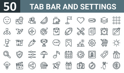 Fototapeta na wymiar set of 50 outline web tab bar and settings icons such as emotion, map, friend, fruit, coffee, flag, favorite vector thin icons for report, presentation, diagram, web design, mobile app.
