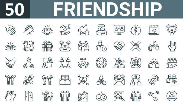 set of 50 outline web friendship icons such as friendly, support, friendship, protect, develop, friendship, feedback vector thin icons for report, presentation, diagram, web design, mobile app.