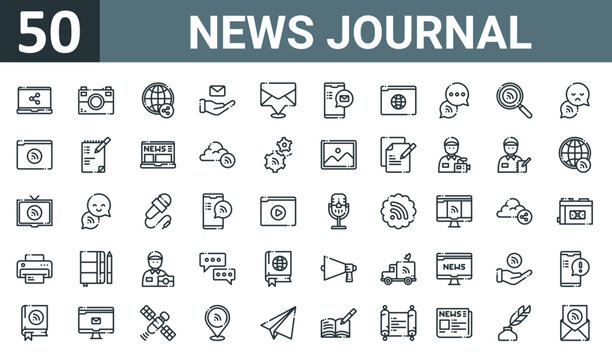set of 50 outline web news journal icons such as laptop, camera, worldwide, message, placeholder, smartphone, browser vector thin icons for report, presentation, diagram, web design, mobile app.