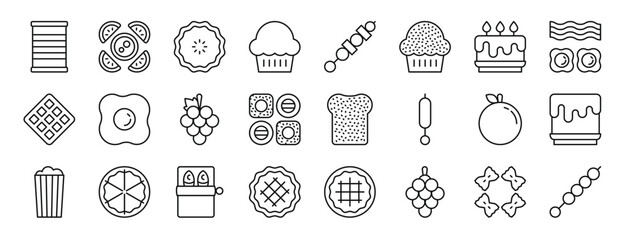 set of 24 outline web food icons such as canned food, fruit, cookie, muffin, skewer, cupcake, birthday cake vector icons for report, presentation, diagram, web design, mobile app