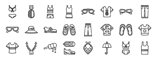 set of 24 outline web summer clothing icons such as underwear, pine, clothes, clothes, sunglasses, shirt, sunglasses vector icons for report, presentation, diagram, web design, mobile app