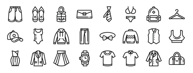 set of 24 outline web clothes icons such as short, high heels, jacket, handbag, tie, bikini, backpack vector icons for report, presentation, diagram, web design, mobile app