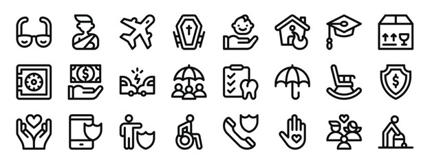 set of 24 outline web insurance icons such as vision, accident, aviation, funeral, child, house, unemployed vector icons for report, presentation, diagram, web design, mobile app