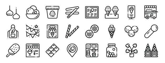 set of 24 outline web icecream shop icons such as light, ice cream, ice cream, stick, menu, ice cream, standee vector icons for report, presentation, diagram, web design, mobile app