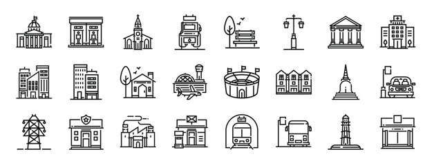 set of 24 outline web city and village icons such as goverment, toilet, church, gas station, park, street light, bank vector icons for report, presentation, diagram, web design, mobile app