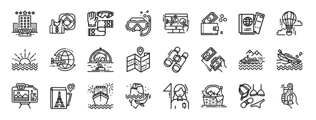 set of 24 outline web travel icons such as hotel, lifesaver, accesories, snorkel, online booking, wallet, passport vector icons for report, presentation, diagram, web design, mobile app