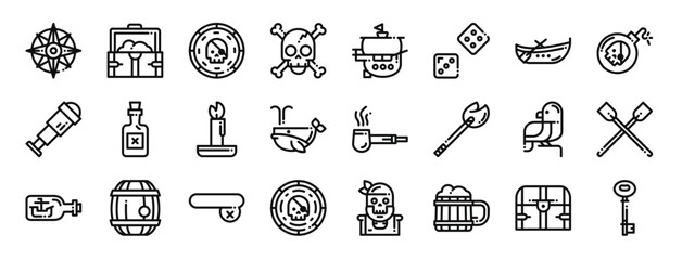 set of 24 outline web pirates icons such as compass, treasure, gold, skull, ship, dice, boat vector icons for report, presentation, diagram, web design, mobile app