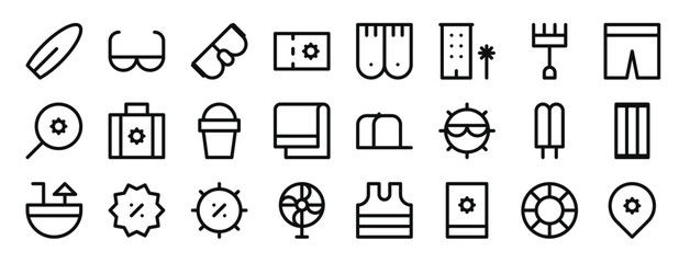 set of 24 outline web summer sales icons such as suroard, sun glasses, goggles, coupon, flippers, hotel, rake vector icons for report, presentation, diagram, web design, mobile app