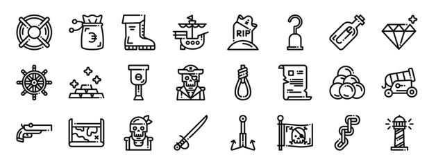 set of 24 outline web pirates icons such as lifebuoy, money, boots, ship, grave, hooks, message in a bottle vector icons for report, presentation, diagram, web design, mobile app