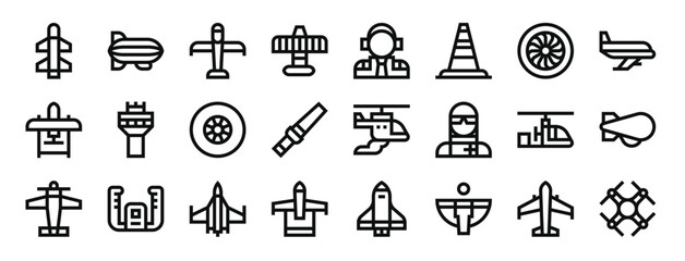 set of 24 outline web aviation icons such as missile, zeppelin, ultralight, wright flyer, pilot, cone, engine vector icons for report, presentation, diagram, web design, mobile app