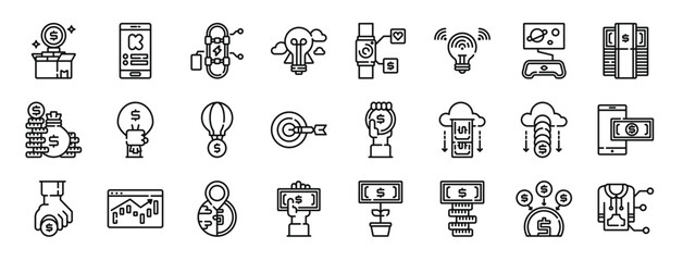 set of 24 outline web crowdfunding icons such as crowdfunding, kickstarter, skateboard, idea, smartwatch, idea, virtual reality vector icons for report, presentation, diagram, web design, mobile app
