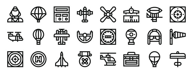 set of 24 outline web aviation icons such as flight attendant, parachute, radio, aeroplane, propeller, runway, zeppelin vector icons for report, presentation, diagram, web design, mobile app © MacroOne
