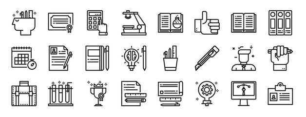 set of 24 outline web school icons such as graphic de, diploma, calculator, projector, science book, like, open book vector icons for report, presentation, diagram, web design, mobile app