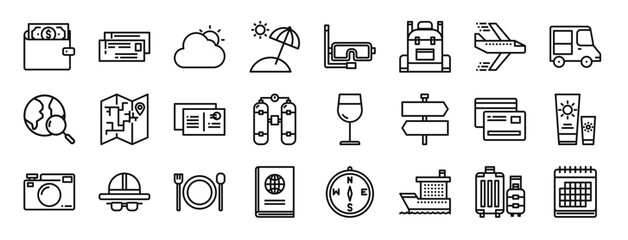 set of 24 outline web travel icons such as wallet, boarding pass, cloudy, island, goggles, backpack, aeroplane vector icons for report, presentation, diagram, web design, mobile app