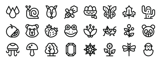 set of 24 outline web nature icons such as drop, snail, squirrel, bee, nest, butterfly, leaf vector icons for report, presentation, diagram, web design, mobile app