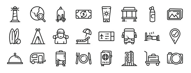 set of 24 outline web travel icons such as lighthouse, globe, luggage, money, sun cream, bus stop, container vector icons for report, presentation, diagram, web design, mobile app