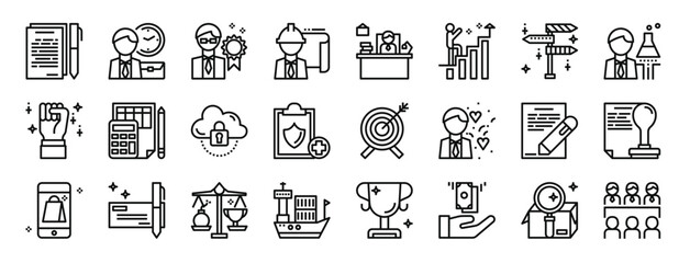set of 24 outline web business icons such as contract, business, professional, engineer, worker, growth, vector icons for report, presentation, diagram, web design, mobile app