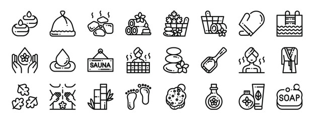 set of 24 outline web sauna icons such as candle, hat, hot stones, sauna, bucket, bucket, mitten vector icons for report, presentation, diagram, web design, mobile app