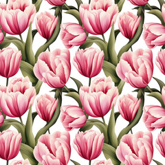 Obraz premium Watercolor seamless pattern of pink tulips. Background, fabric, packaging, birthday, wedding print