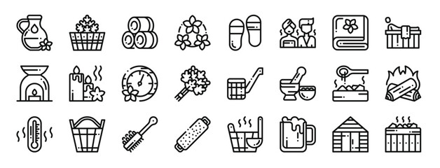 set of 24 outline web sauna icons such as oil, bucket, towels, lotus, flip flops, sauna, towel vector icons for report, presentation, diagram, web design, mobile app