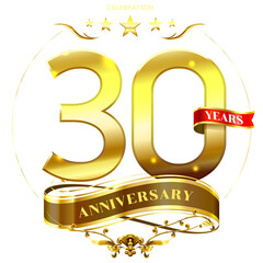 30 Years Anniversary with laurel wreath Golden Ribbon illustration