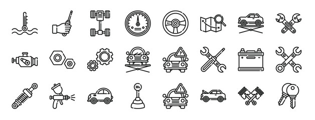 set of 24 outline web car garage icons such as temperature, screwdriver, chassis, dashboard, steering, map, elevator vector icons for report, presentation, diagram, web design, mobile app